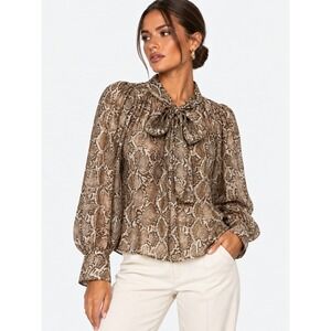 Bailey 44 Snakeskin Print Tie Neck Blouse Brown Tan Long Sleeve Top L NWOT New